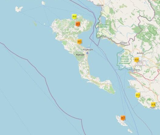 Υψηλές θερμοκρασίες στην Πετάλεια και στον Ιερομόναχο Παξών – Έντονη θερμική δυσφορία σε αρκετές περιοχές